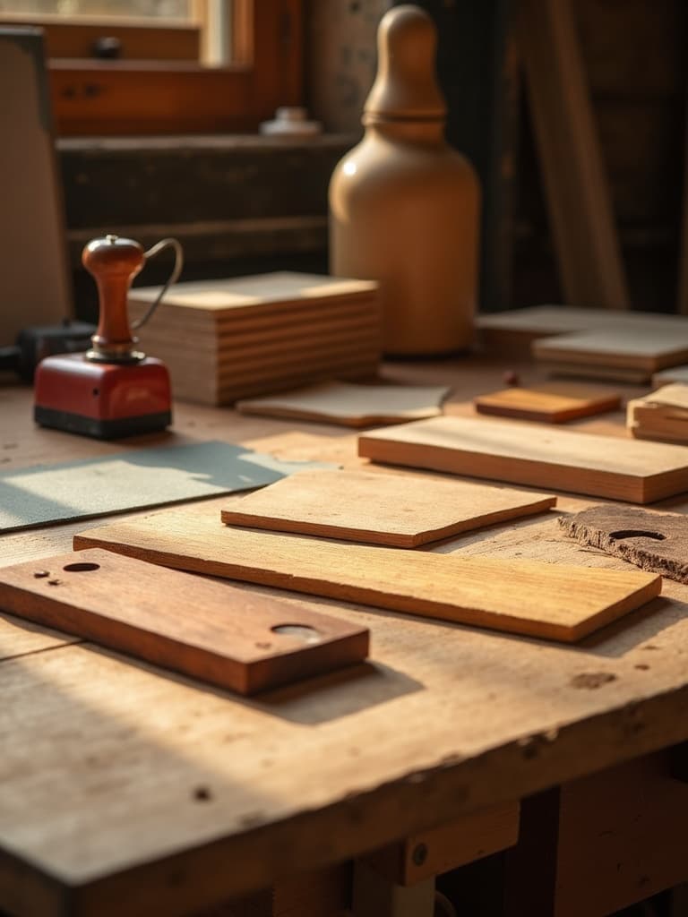 Craftsman workbench with oak samples and stain swatches in honey amber and walnut tones