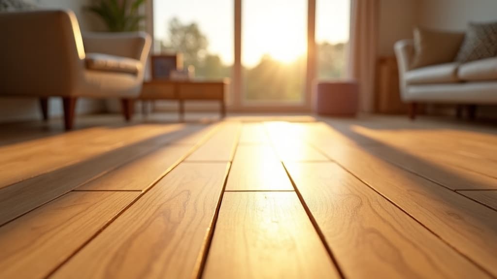 Freshly refinished oak hardwood floor in a sunlit modern living room